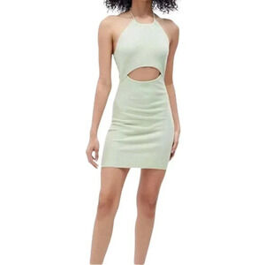Kendall & Kylie Lime Green Ribbed Cut Out Bodycon Mini Halter Dress Size Medium